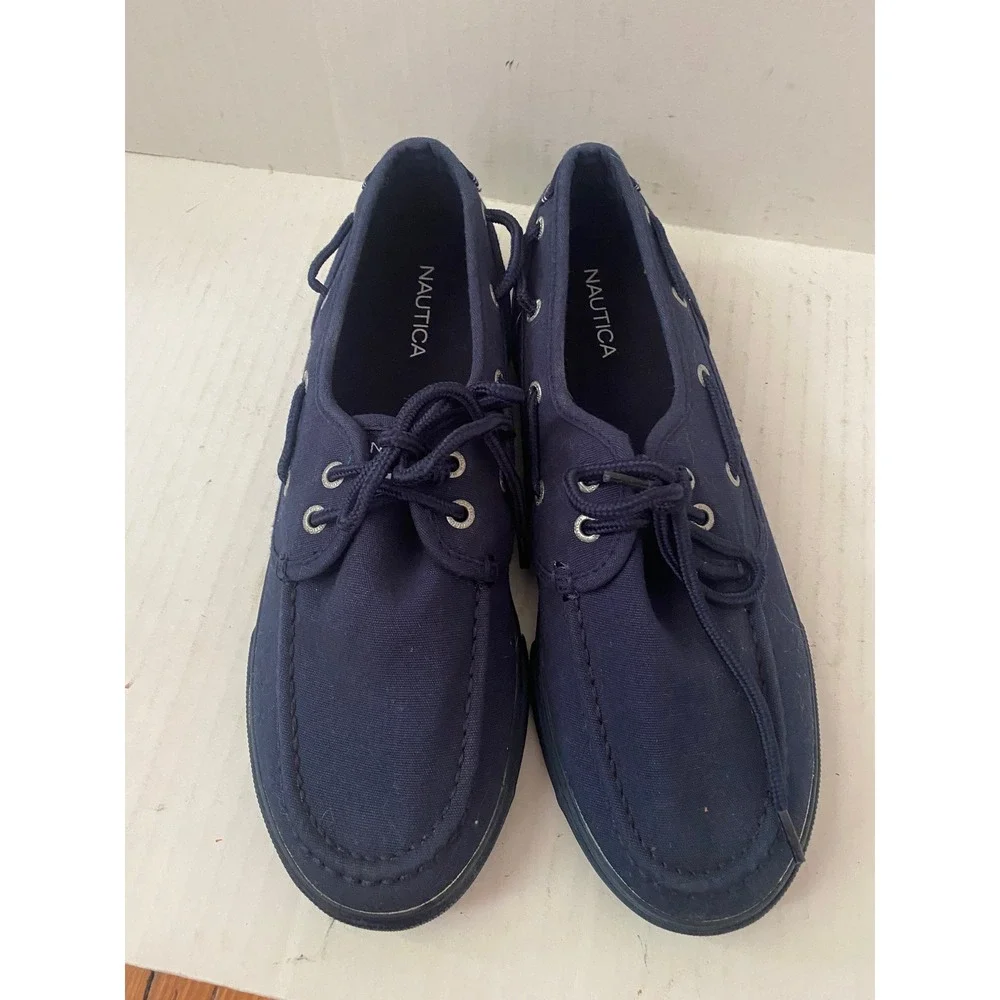 Nautica Womens Navy Blue Canvas‎ Boat Shoes Moc Toe Lace Up Flats Size 9